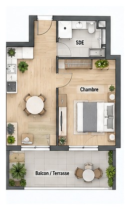 Illustration de plan type T2 – plan réel sur demande
