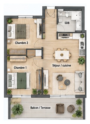 Illustration de plan type T3 – plan réel sur demande