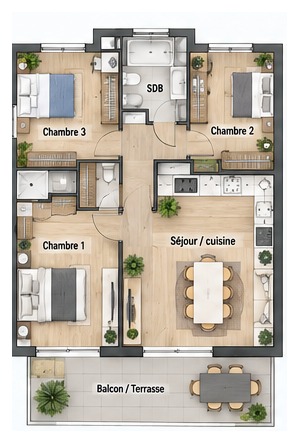 Illustration de plan type T4 – plan réel sur demande