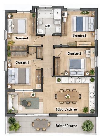 Illustration de plan type T5 – plan réel sur demande